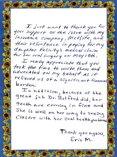 Thank you letter from a patient for Saratoga County Oral & Maxillofacial Surgery Associates, PLLC